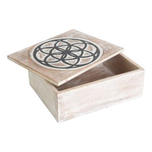 Tarot- of Sieradendoos White Wash Hout Flower of Life IndonesiÃ« 22,5x18x8,5 cm